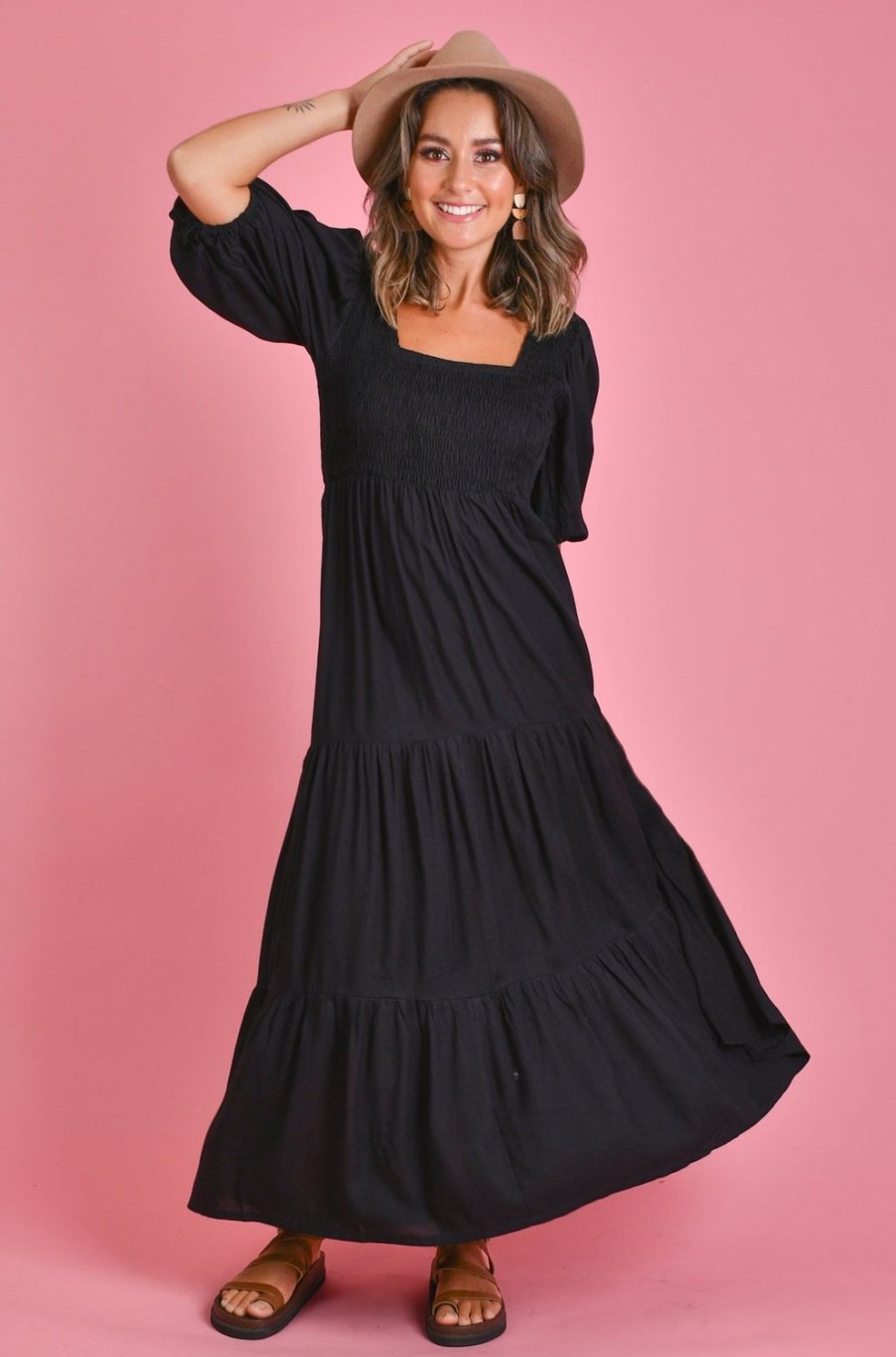 GO GIRL Dresses | Vgld145 - Montauk 3/4 Sleeve Maxi Dress Black