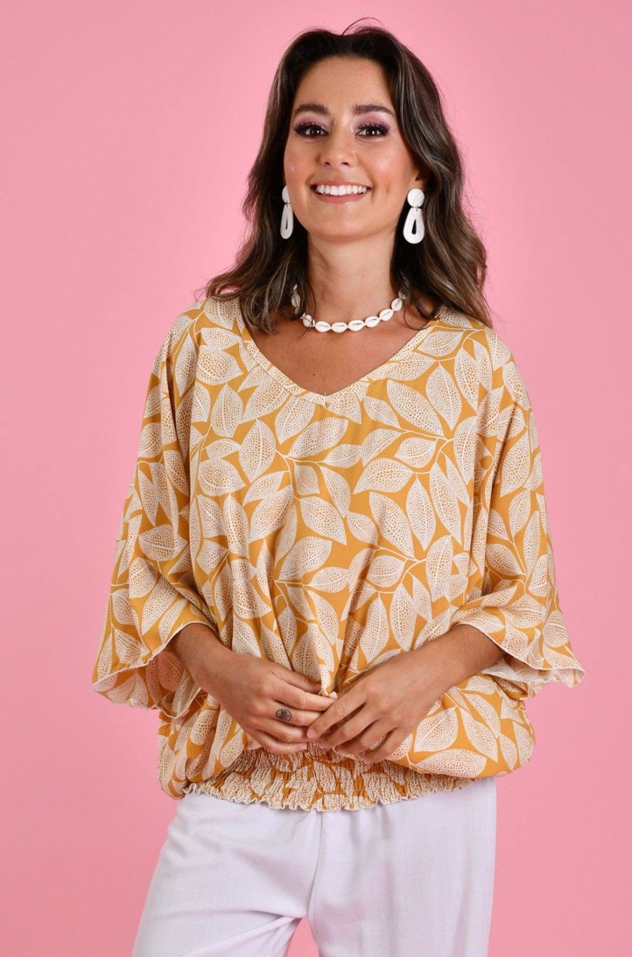 BODACIOUS Tops | Vblt112 - V Neck Batwing Top Spotted Leaf Mustard