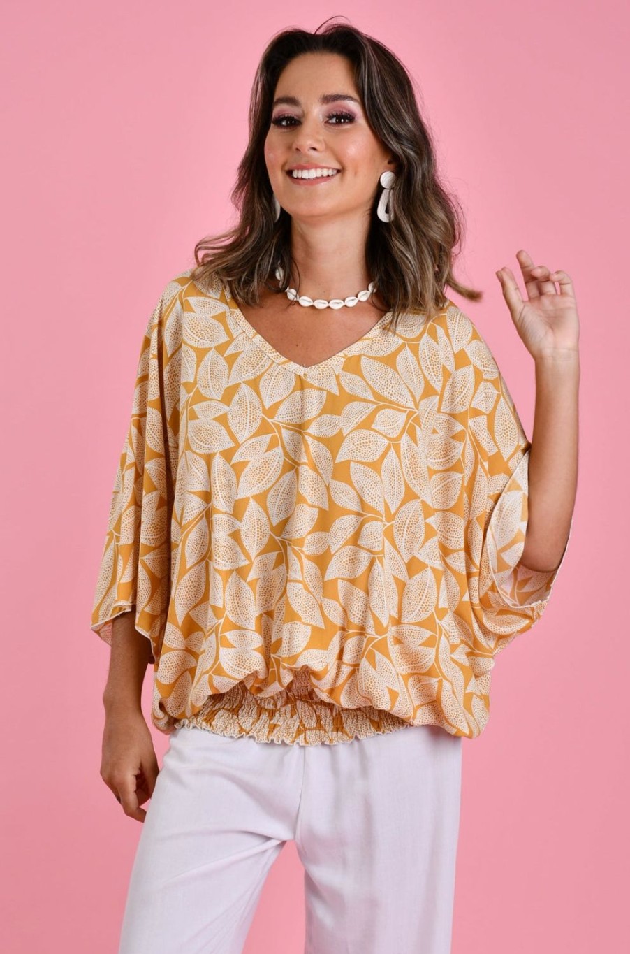 BODACIOUS Tops | Vblt112 - V Neck Batwing Top Spotted Leaf Mustard