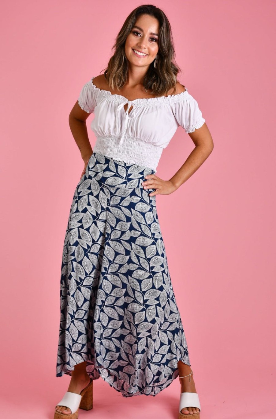 BODACIOUS Pants | Vblp106 - Sydney Wide Leg Pant Spotted Leaf Navy