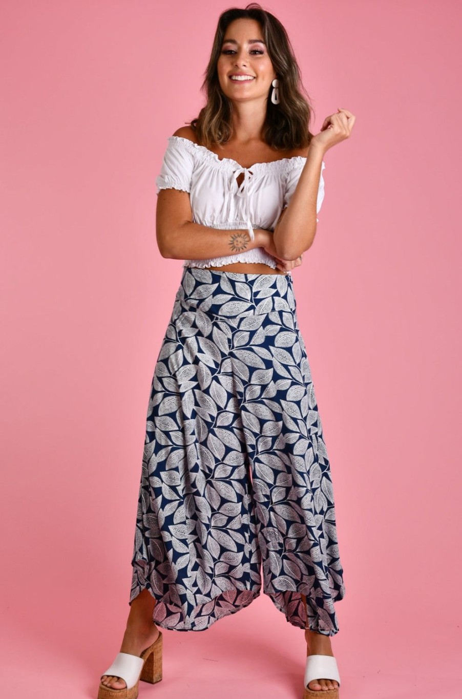 BODACIOUS Pants | Vblp106 - Sydney Wide Leg Pant Spotted Leaf Navy