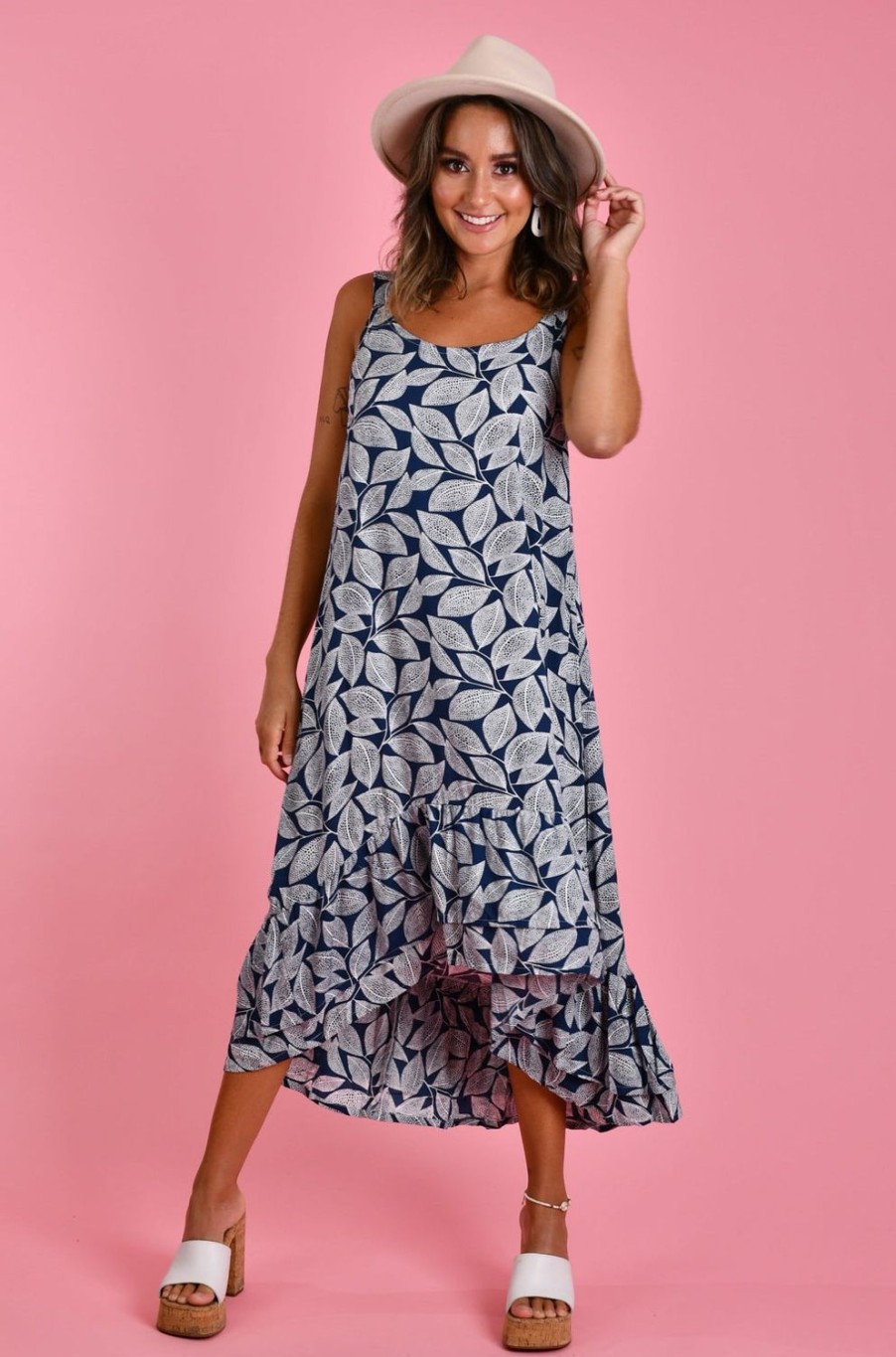 BODACIOUS Dresses | Vbld138 - Lia Double Layer Dress Spotted Leaf Navy