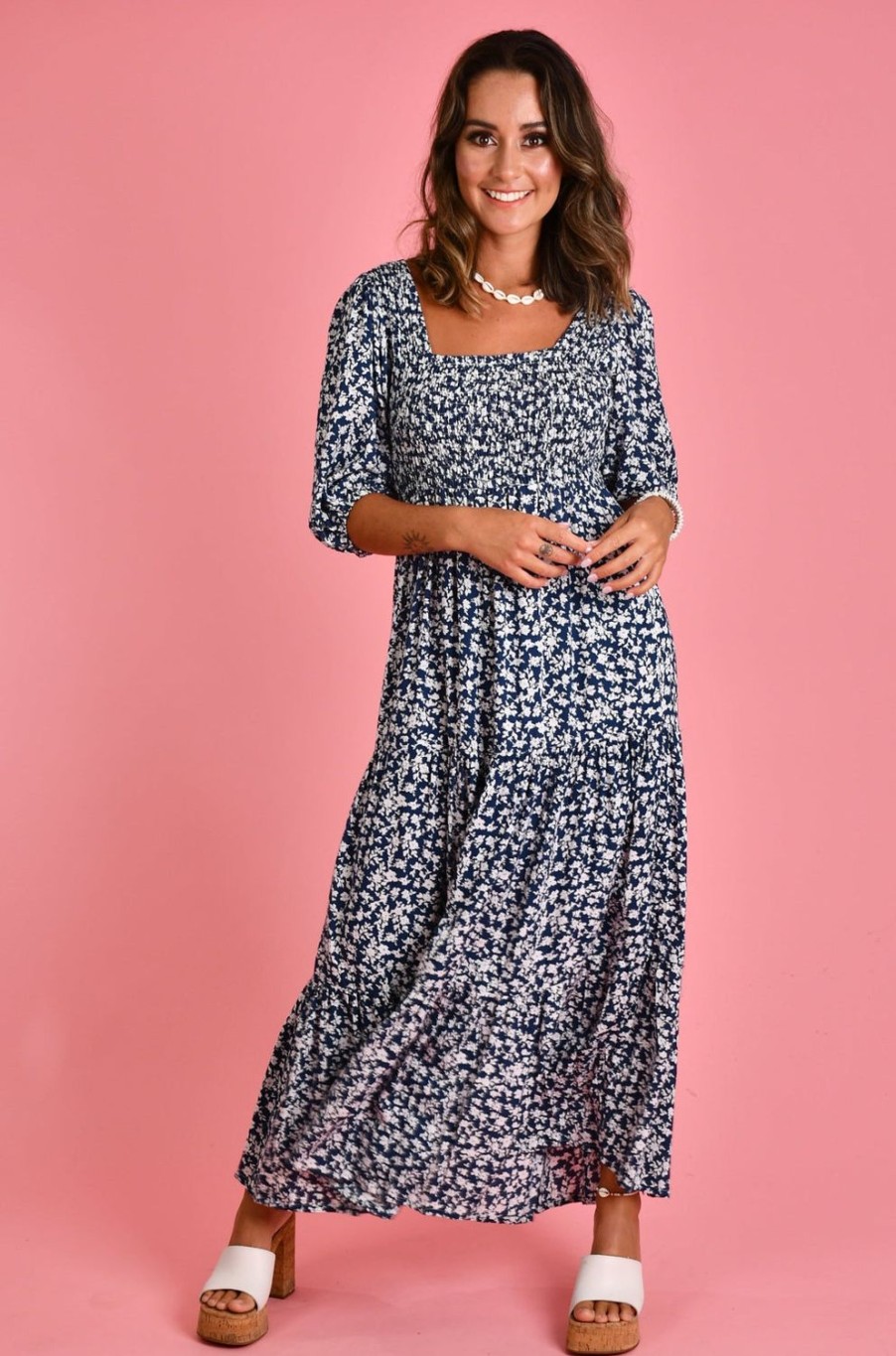 GO GIRL Dresses | Vgld145 - Montauk 3/4 Sleeve Maxi Dress Primrose Navy