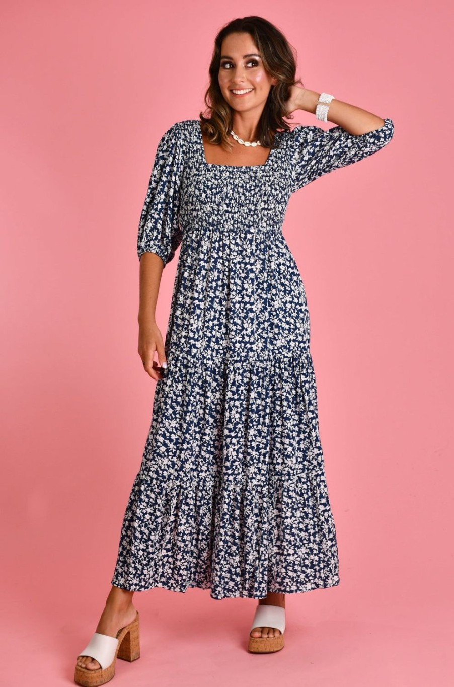 GO GIRL Dresses | Vgld145 - Montauk 3/4 Sleeve Maxi Dress Primrose Navy