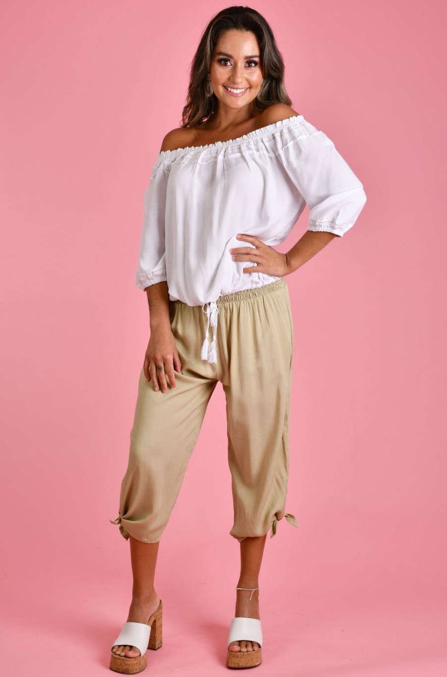 GO GIRL Pants | Vglp051 - 3/4 Rouched Tie Pants Natural