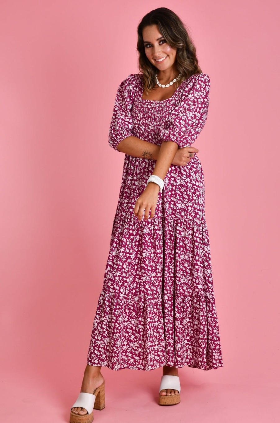 GO GIRL Dresses | Vgld145 - Montauk 3/4 Sleeve Maxi Dress Primrose Purple