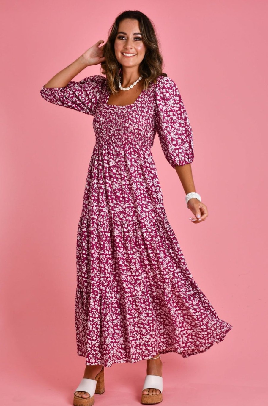 GO GIRL Dresses | Vgld145 - Montauk 3/4 Sleeve Maxi Dress Primrose Purple