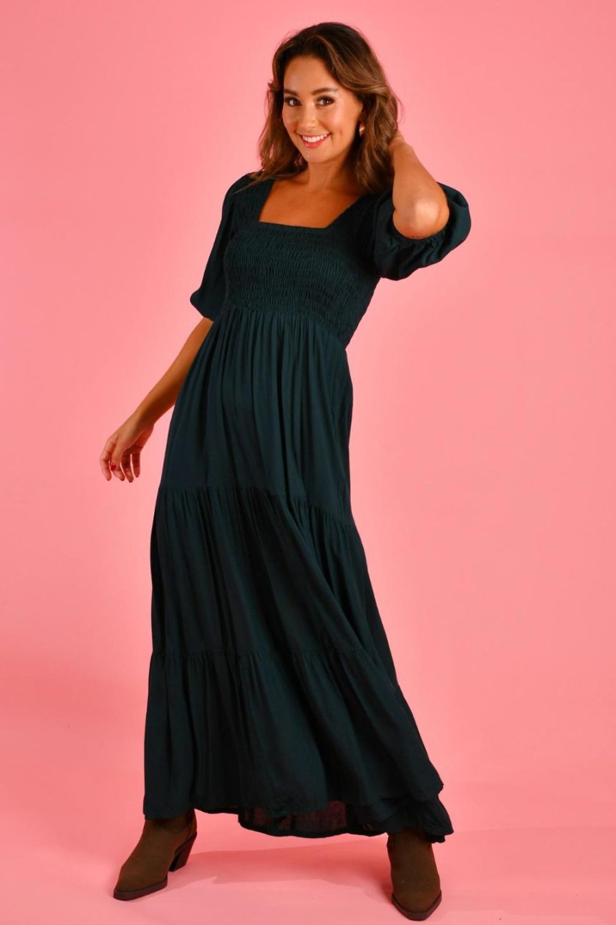 GO GIRL Dresses | Vgld145 - Montauk 3/4 Sleeve Maxi Dress Forest