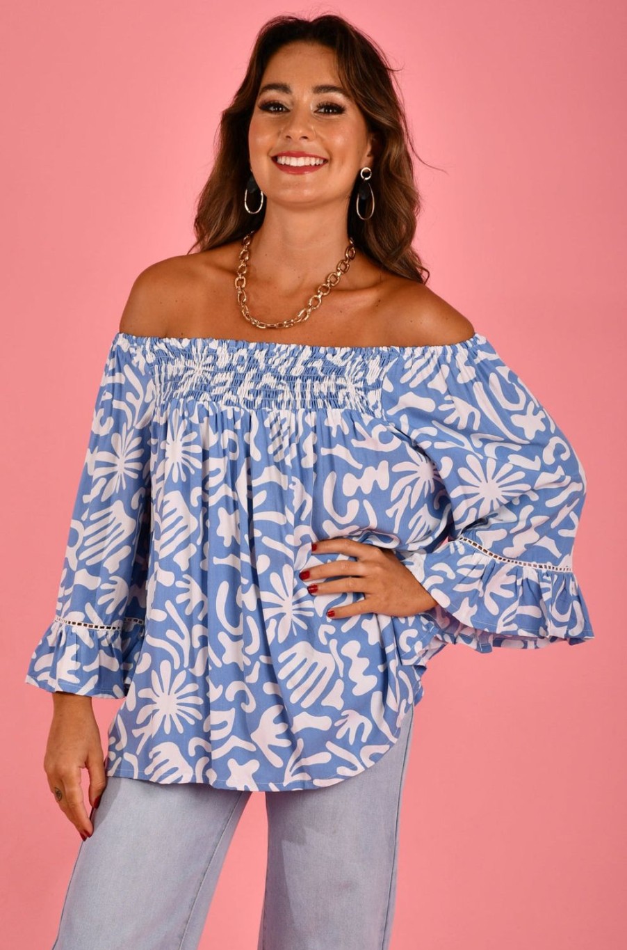 BODACIOUS Tops | Vblt113 - Rouched Bell Sleeve Top Aztec Blue