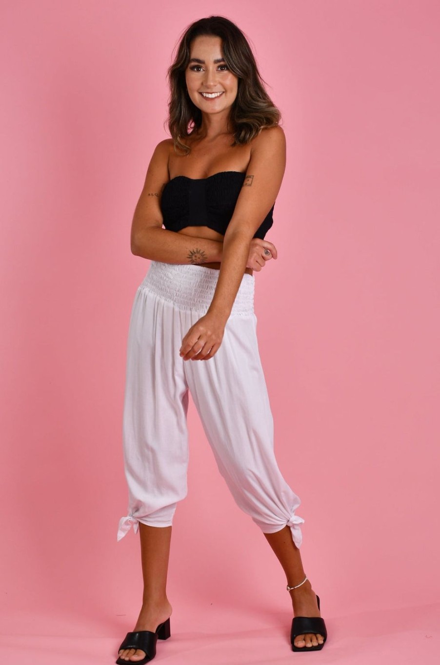 GO GIRL Pants | Vglp051 - 3/4 Rouched Tie Pants White