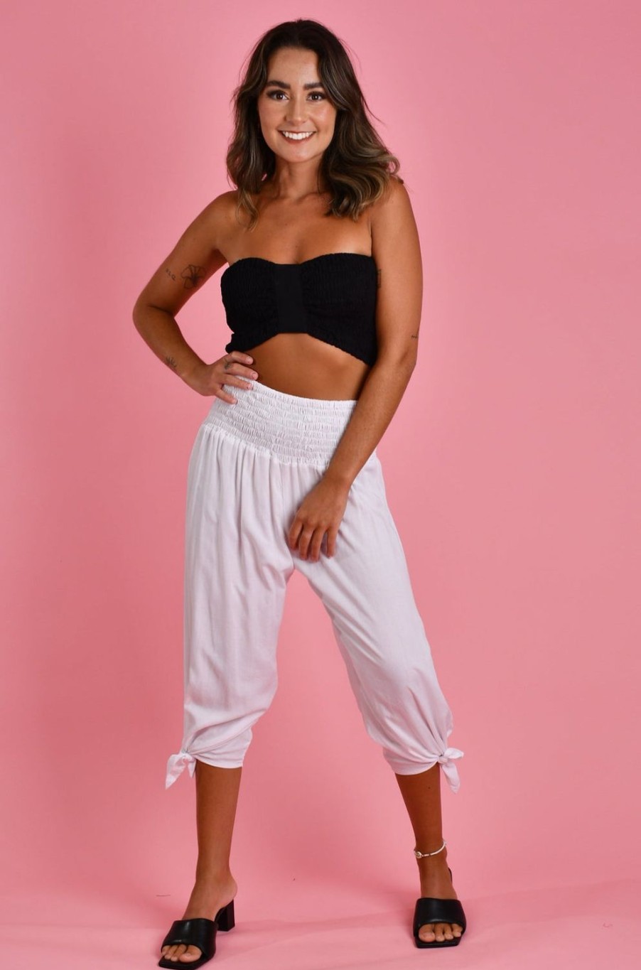 GO GIRL Pants | Vglp051 - 3/4 Rouched Tie Pants White