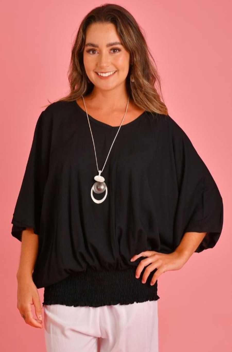 BODACIOUS Tops | Vblt112 - V Neck Batwing Top Black