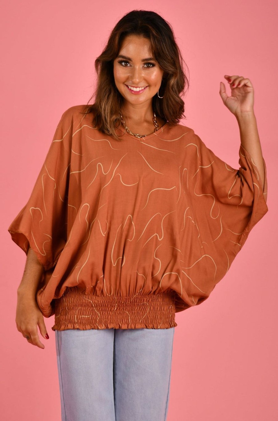 BODACIOUS Tops | Vblt112 - V Neck Batwing Top Swirl Terracota