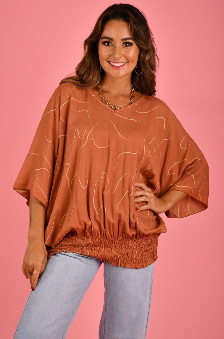 BODACIOUS Tops | Vblt112 - V Neck Batwing Top Swirl Terracota