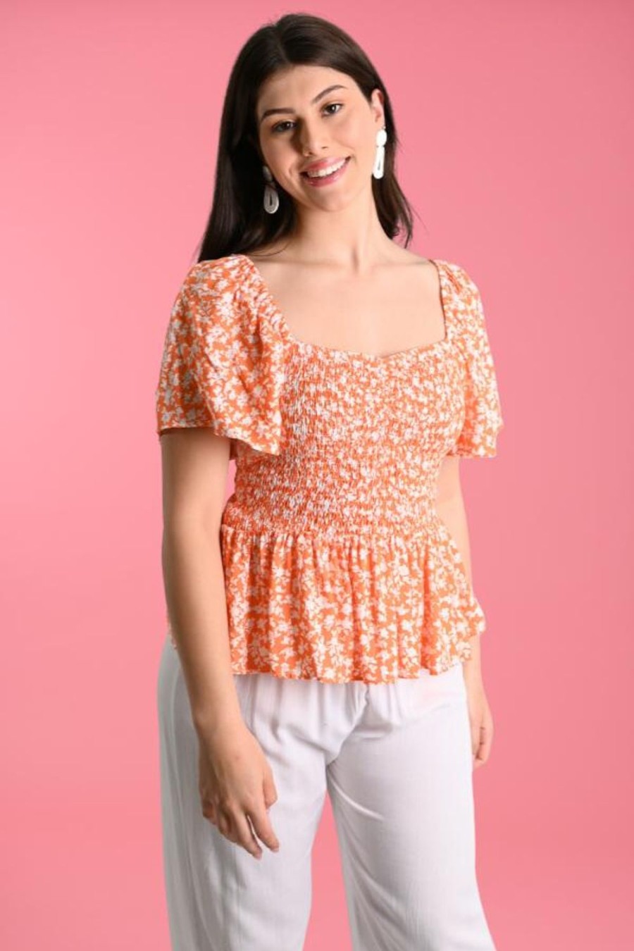 GO GIRL Tops | Vglt131 - Izzy Rouched Top Primrose Tangerine