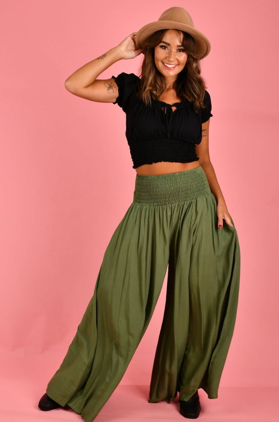 BODACIOUS Pants | Vblp206 - Fremantle Rouched Wide Leg Pant Soft Khaki