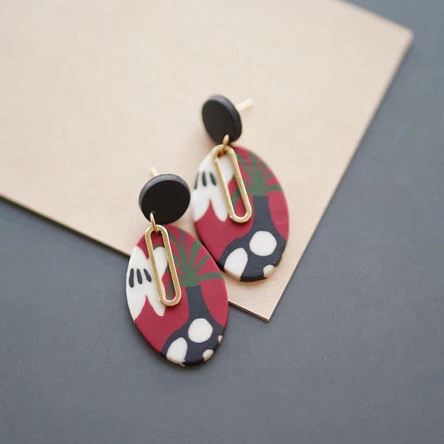 GO GIRL ACCESSORIES Earrings | Gj0282 - Red/Black Vase White Spots Oval Earrings