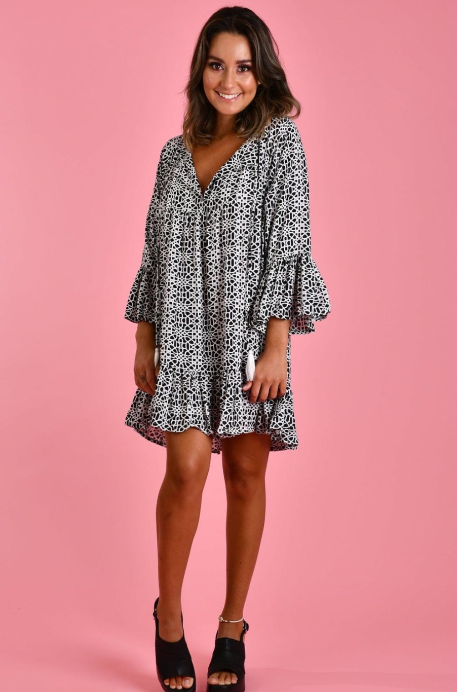 GO GIRL Kaftans | Vgld231- Ibiza Kaftan Black/White Mosaic