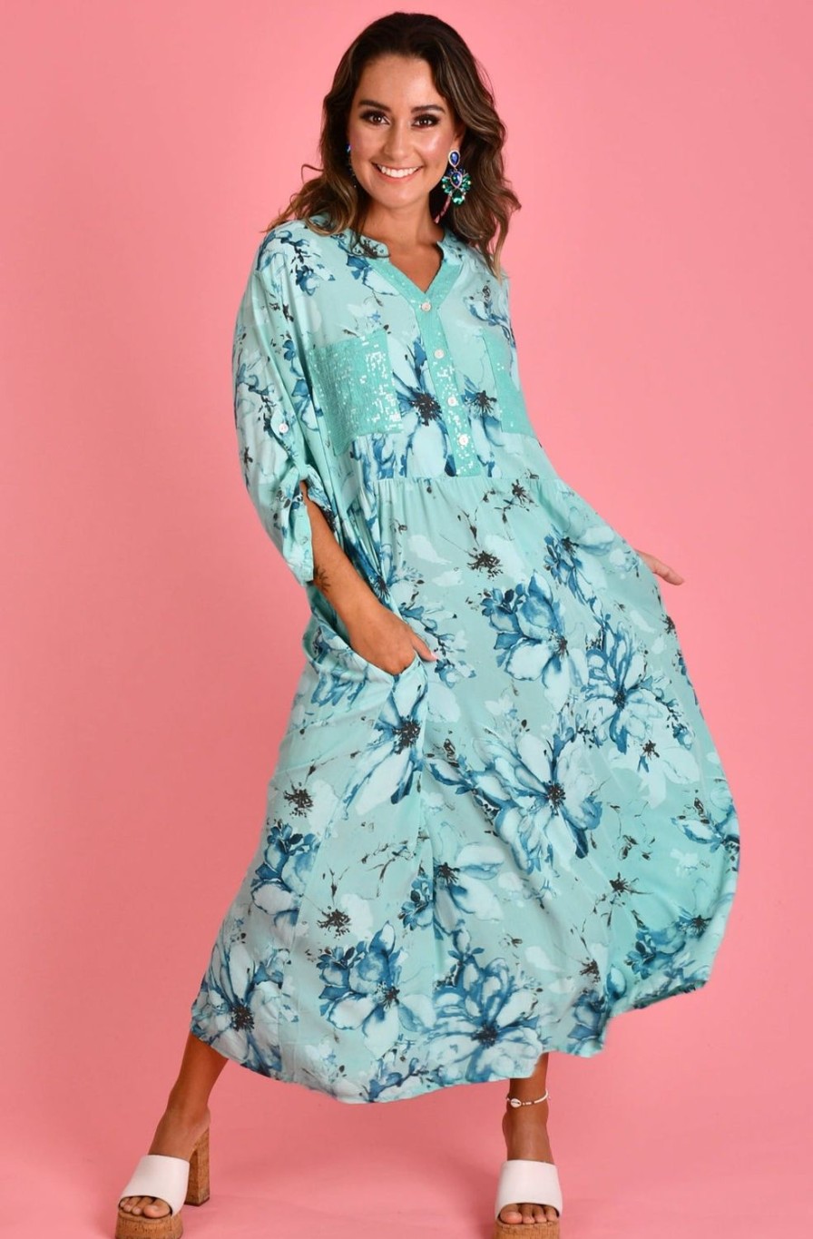 LA SOFIA Dresses | Vlsd045 (2286) - Bello Maxi Dress Floral Sequin Sea