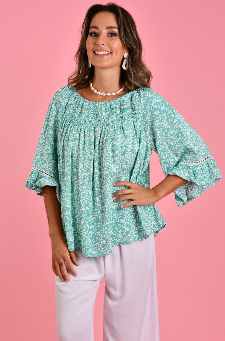 BODACIOUS Tops | Vblt113 - Rouched Bell Sleeve Top Blossom Mint