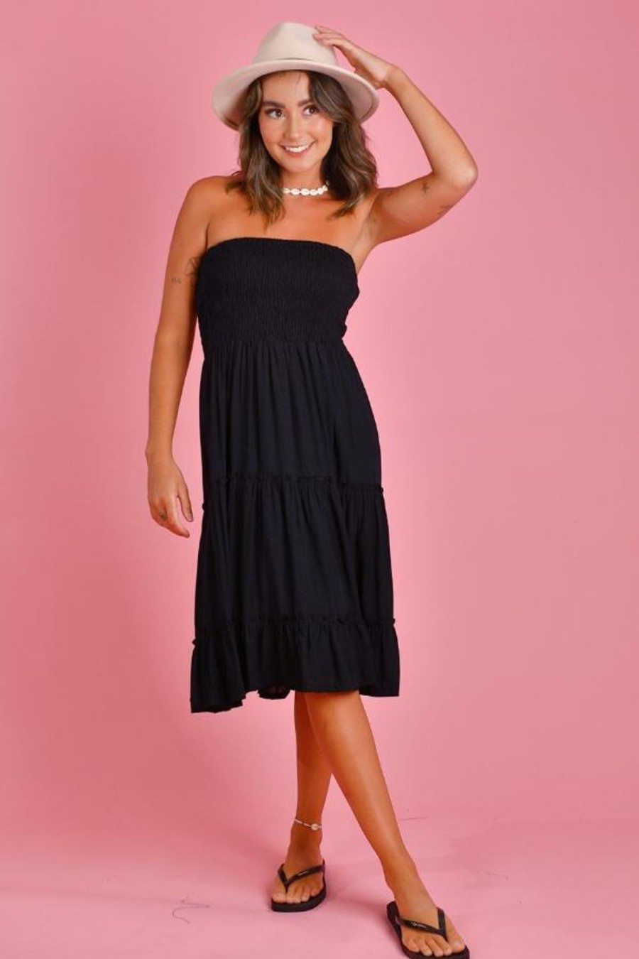 GO GIRL Dresses | Vgld218 - 3/4 Tiered Rouched Dress Black