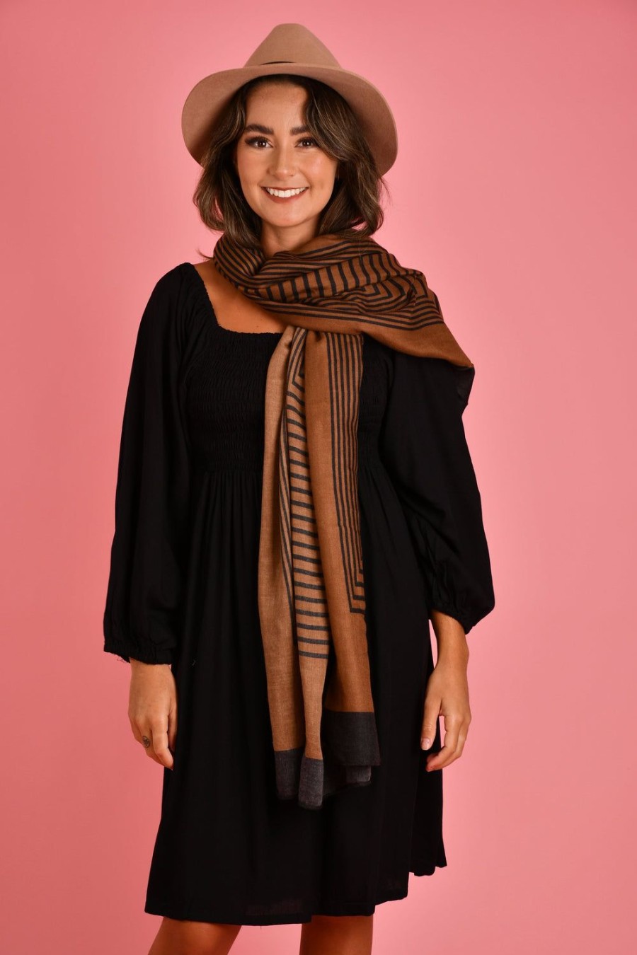 MONTEU Scarves | Hs0060 - Scarf - Brown W/ Black Stripe