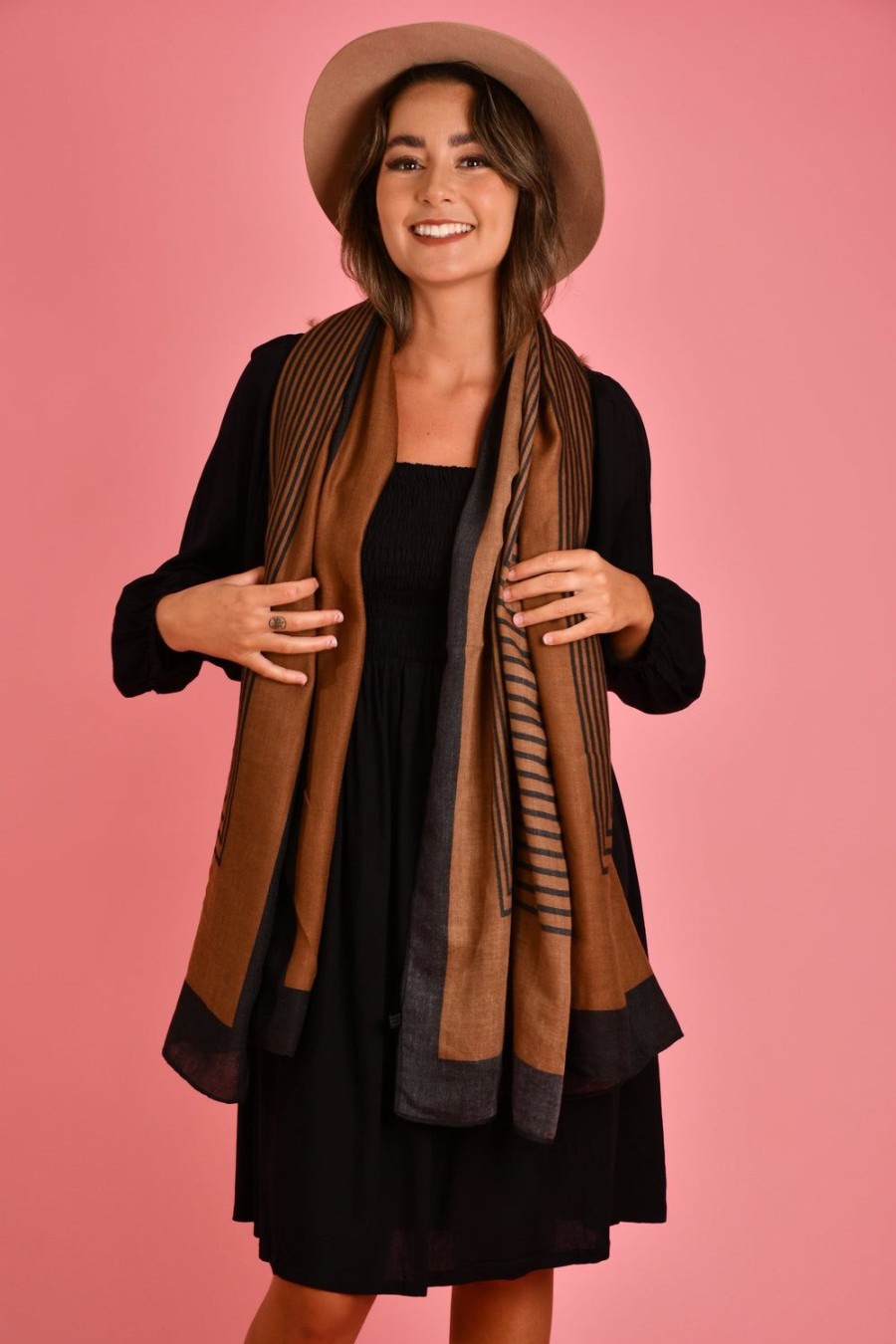 MONTEU Scarves | Hs0060 - Scarf - Brown W/ Black Stripe