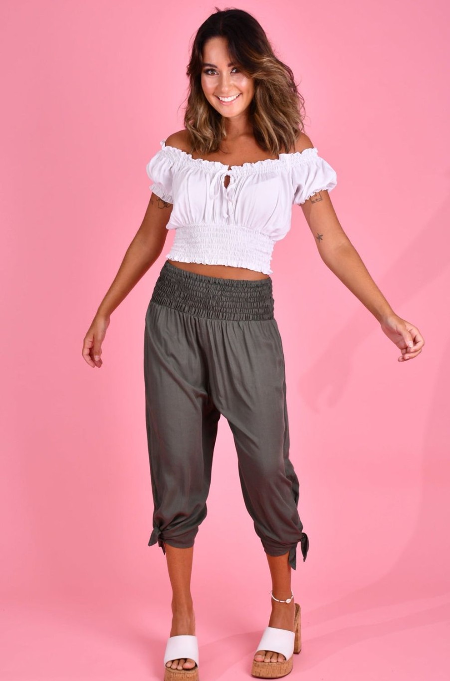 GO GIRL Pants | Vglp051 - 3/4 Rouched Tie Pants Grey/Olive