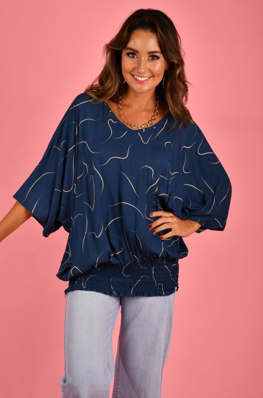 BODACIOUS Tops | Vblt112 - V Neck Batwing Top Swirl Navy