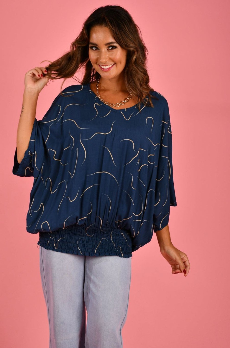 BODACIOUS Tops | Vblt112 - V Neck Batwing Top Swirl Navy