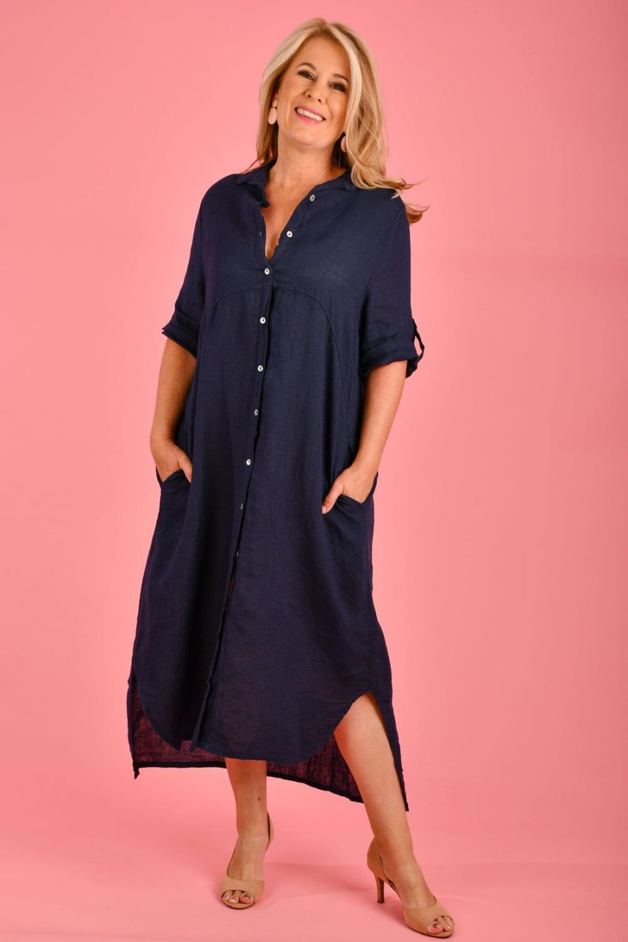 LA SOFIA Dresses | Vlsd055 (19A538) - Positano Linen Button Dress Navy