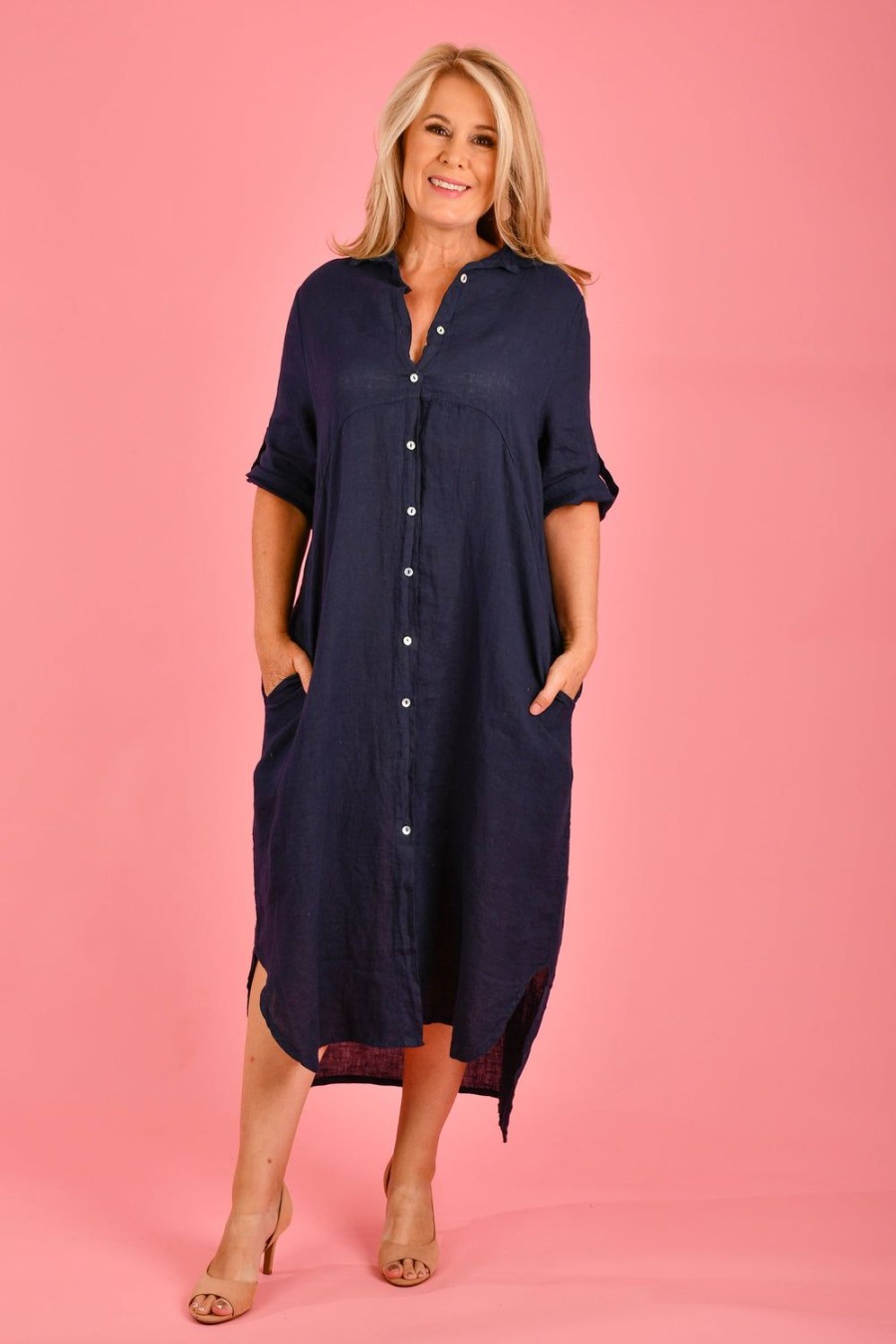 LA SOFIA Dresses | Vlsd055 (19A538) - Positano Linen Button Dress Navy