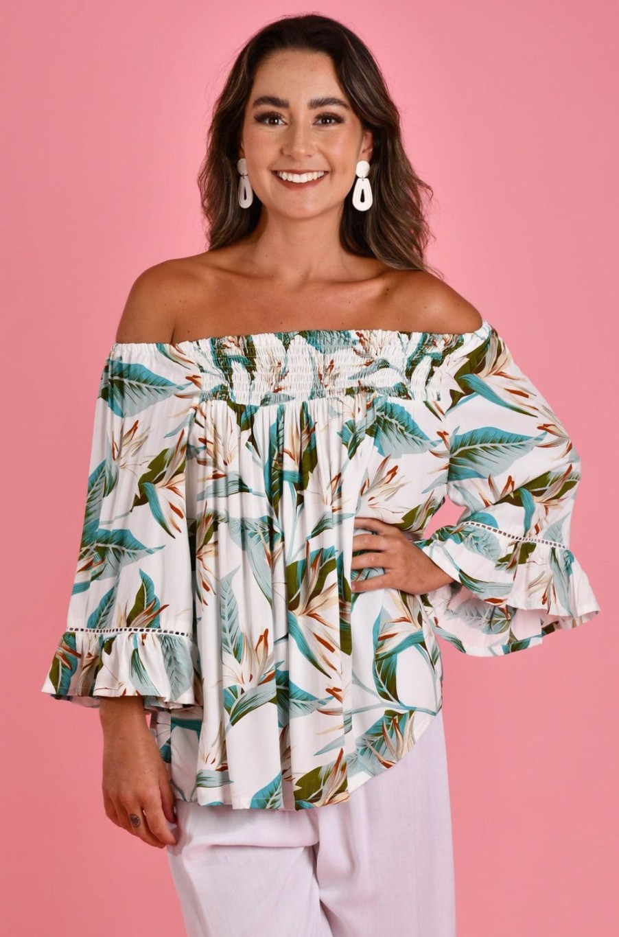 BODACIOUS Tops | Vblt113 - Rouched Bell Sleeve Top White Bird Of Paradise