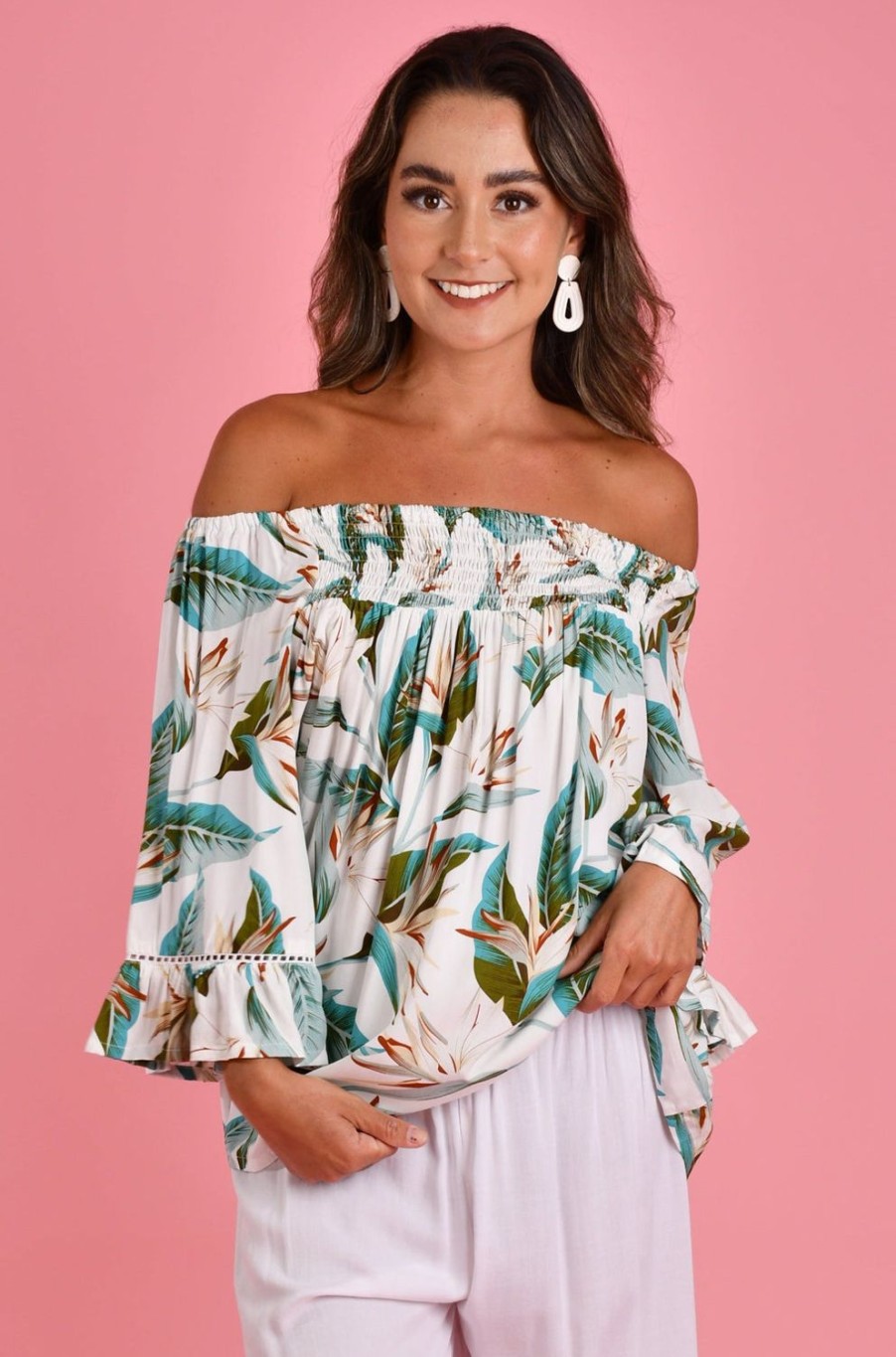 BODACIOUS Tops | Vblt113 - Rouched Bell Sleeve Top White Bird Of Paradise