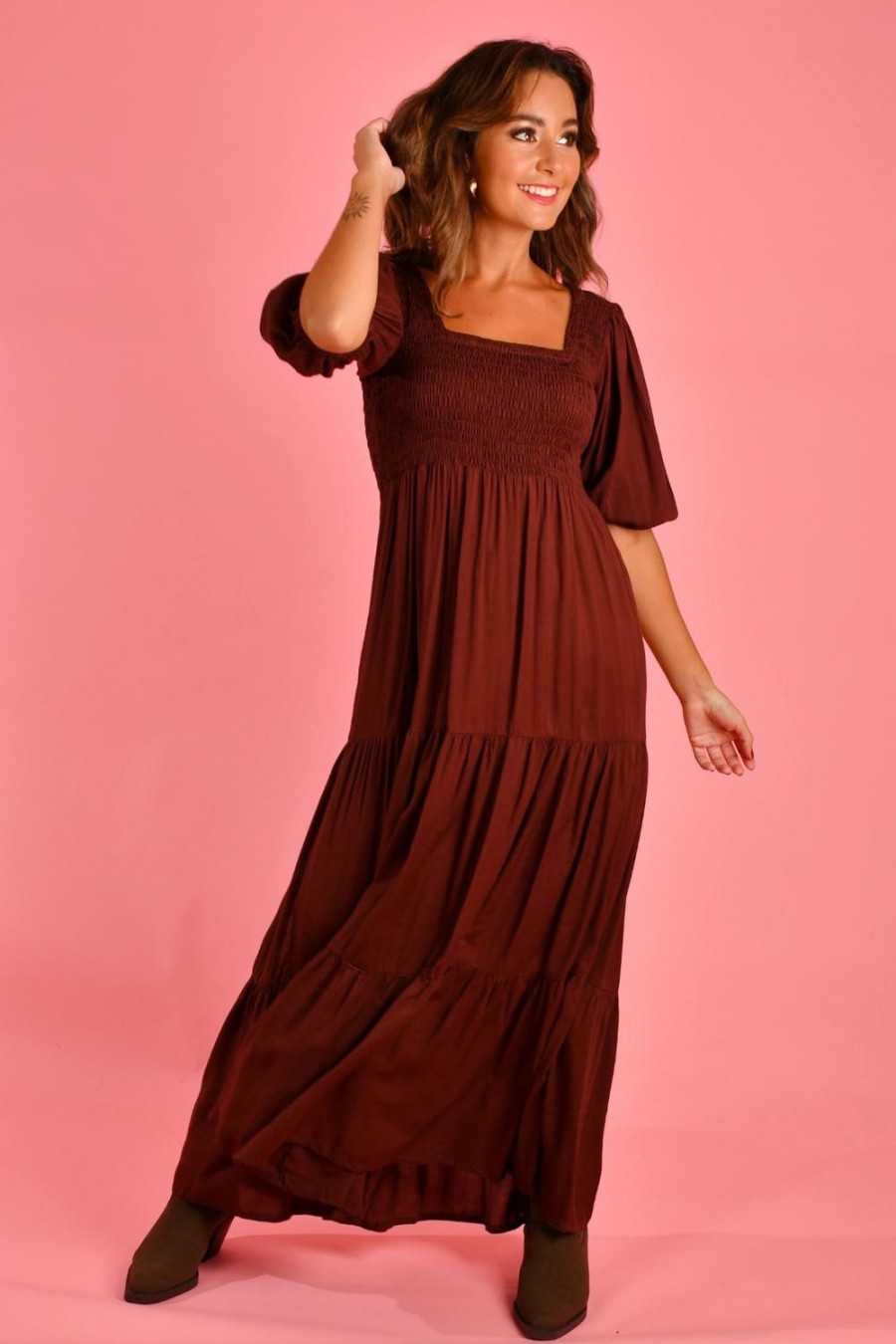 GO GIRL Dresses | Vgld145 - Montauk 3/4 Sleeve Maxi Dress Chocolate