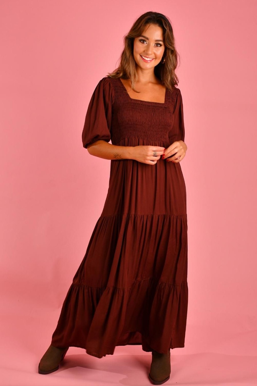 GO GIRL Dresses | Vgld145 - Montauk 3/4 Sleeve Maxi Dress Chocolate