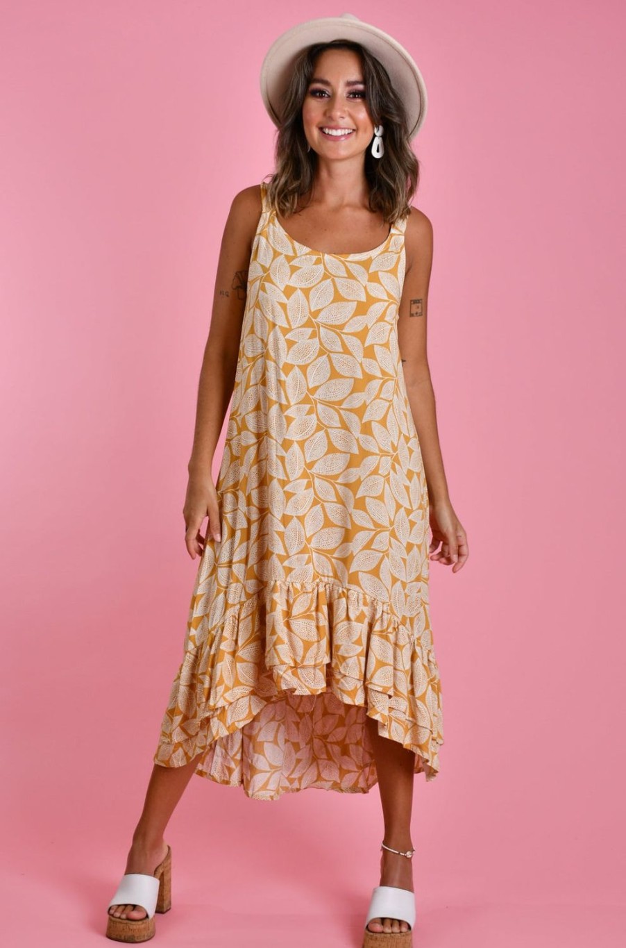 BODACIOUS Dresses | Vbld138 - Lia Double Layer Dress Spotted Leaf Mustard