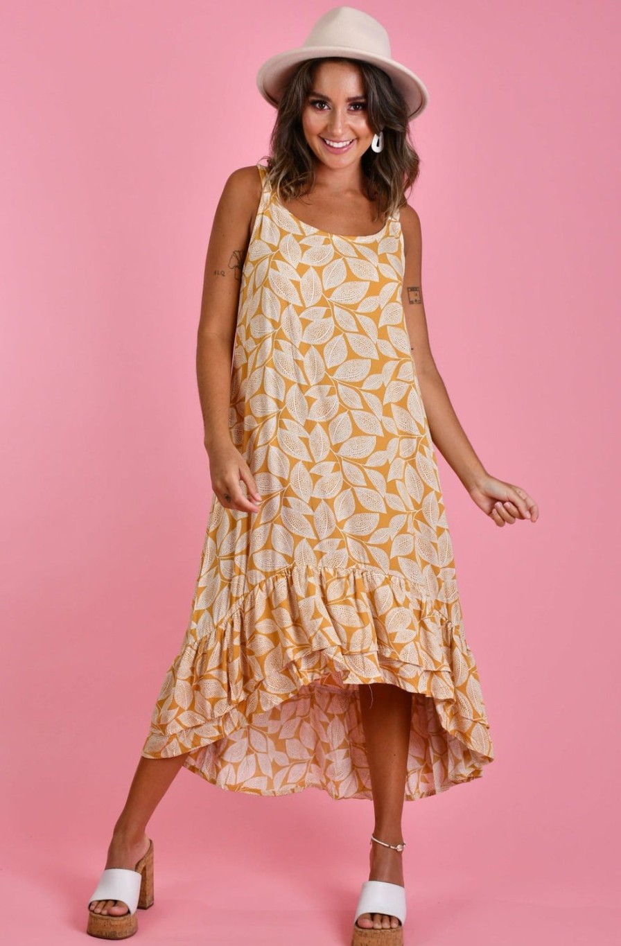 BODACIOUS Dresses | Vbld138 - Lia Double Layer Dress Spotted Leaf Mustard