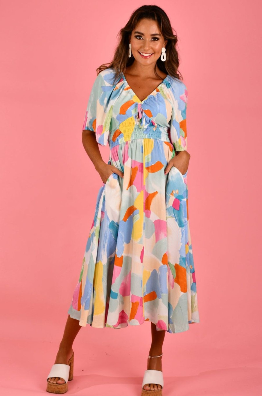 SHAREEN Dresses | S1034-311 - V-Neck Midi Dress - Rainbow Multi