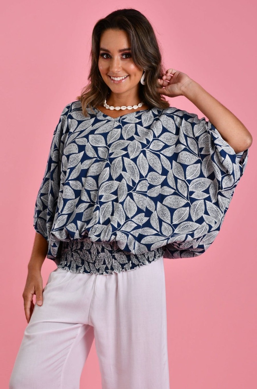 BODACIOUS Tops | Vblt112 - V Neck Batwing Top Spotted Leaf Navy