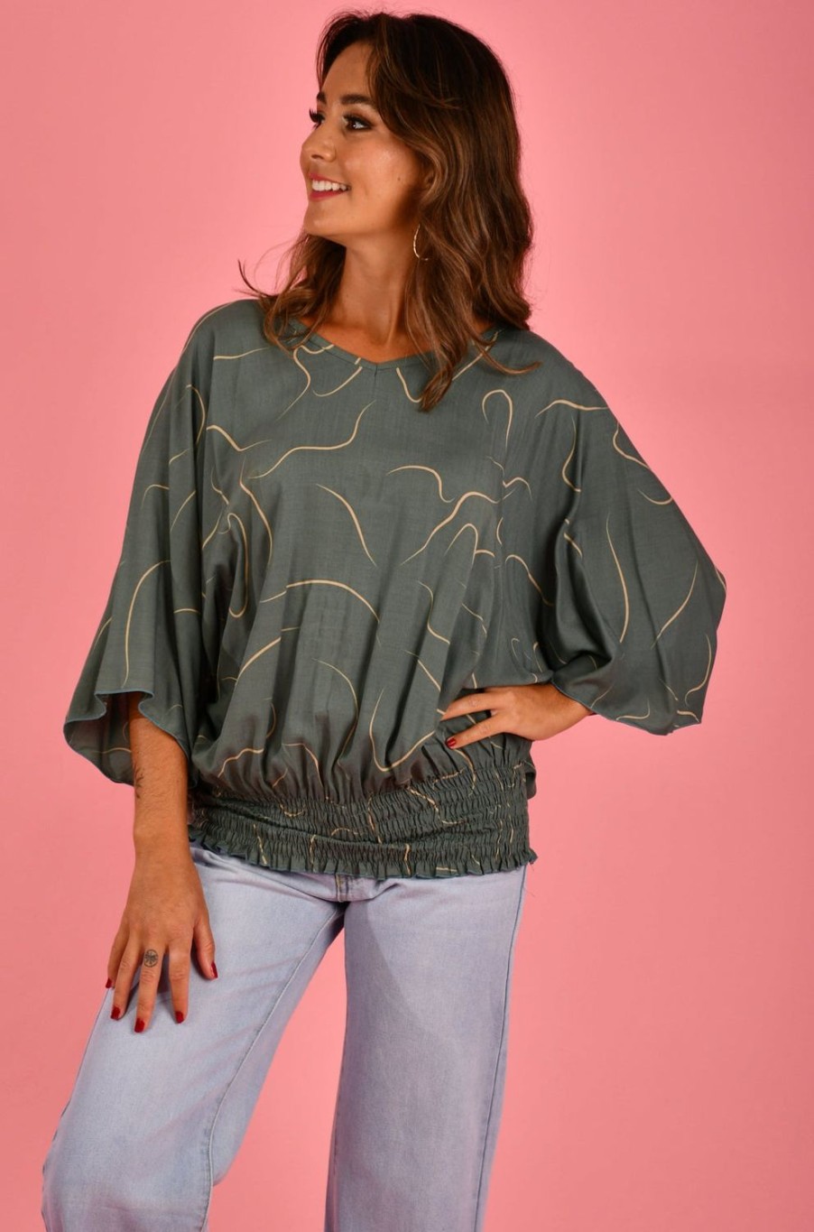 BODACIOUS Tops | Vblt112 - V Neck Batwing Top Swirl Sage