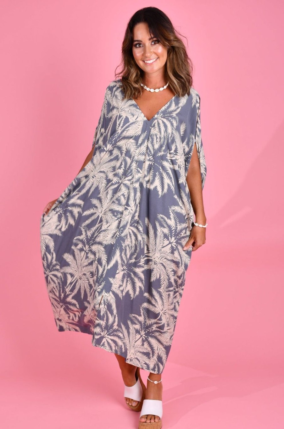 BODACIOUS Kaftans | Vbld348 - Cushla Dress Palm Tree Grey