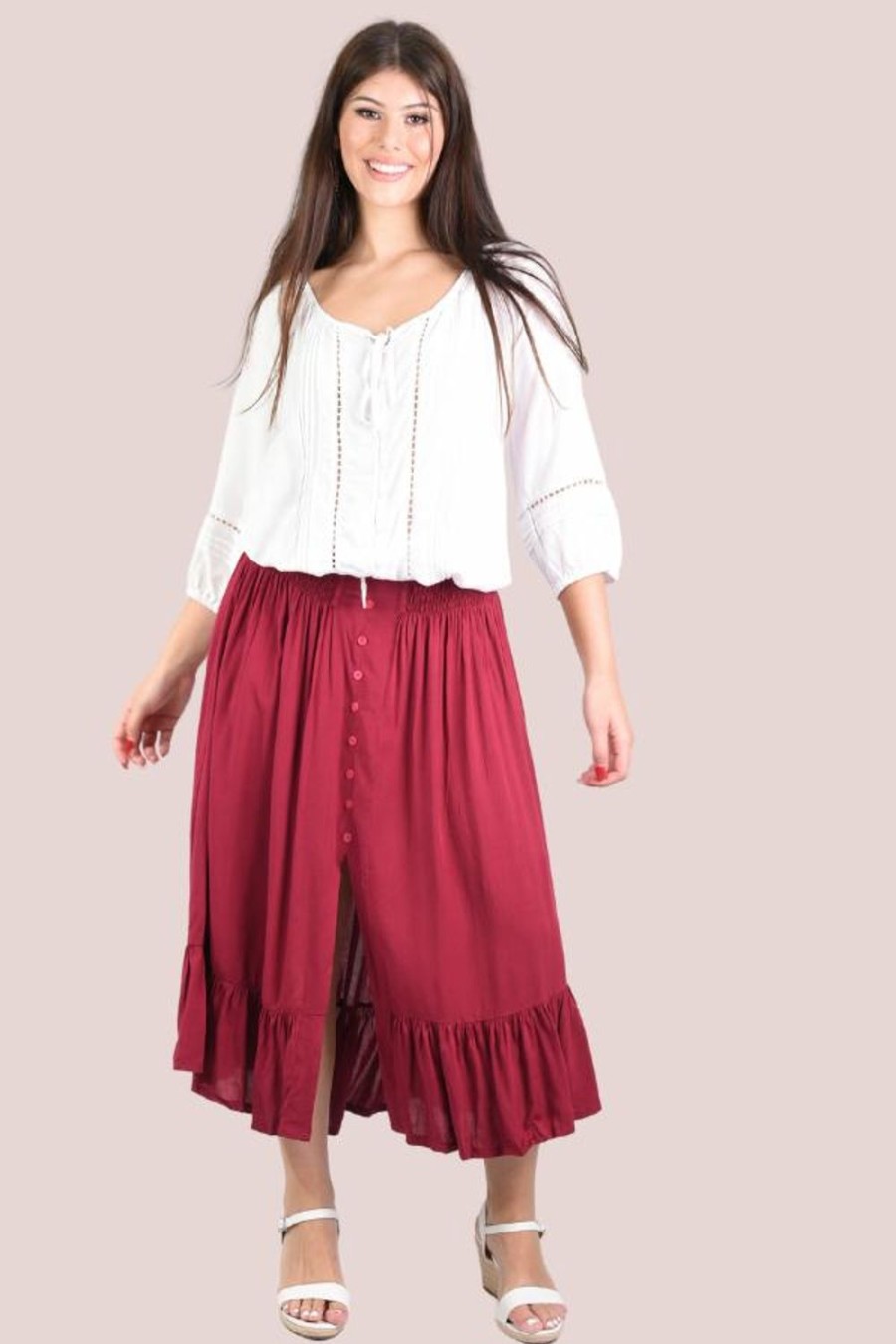 GO GIRL Skirts | Vglk050 - Rouched Skirt With Button Detail Wine