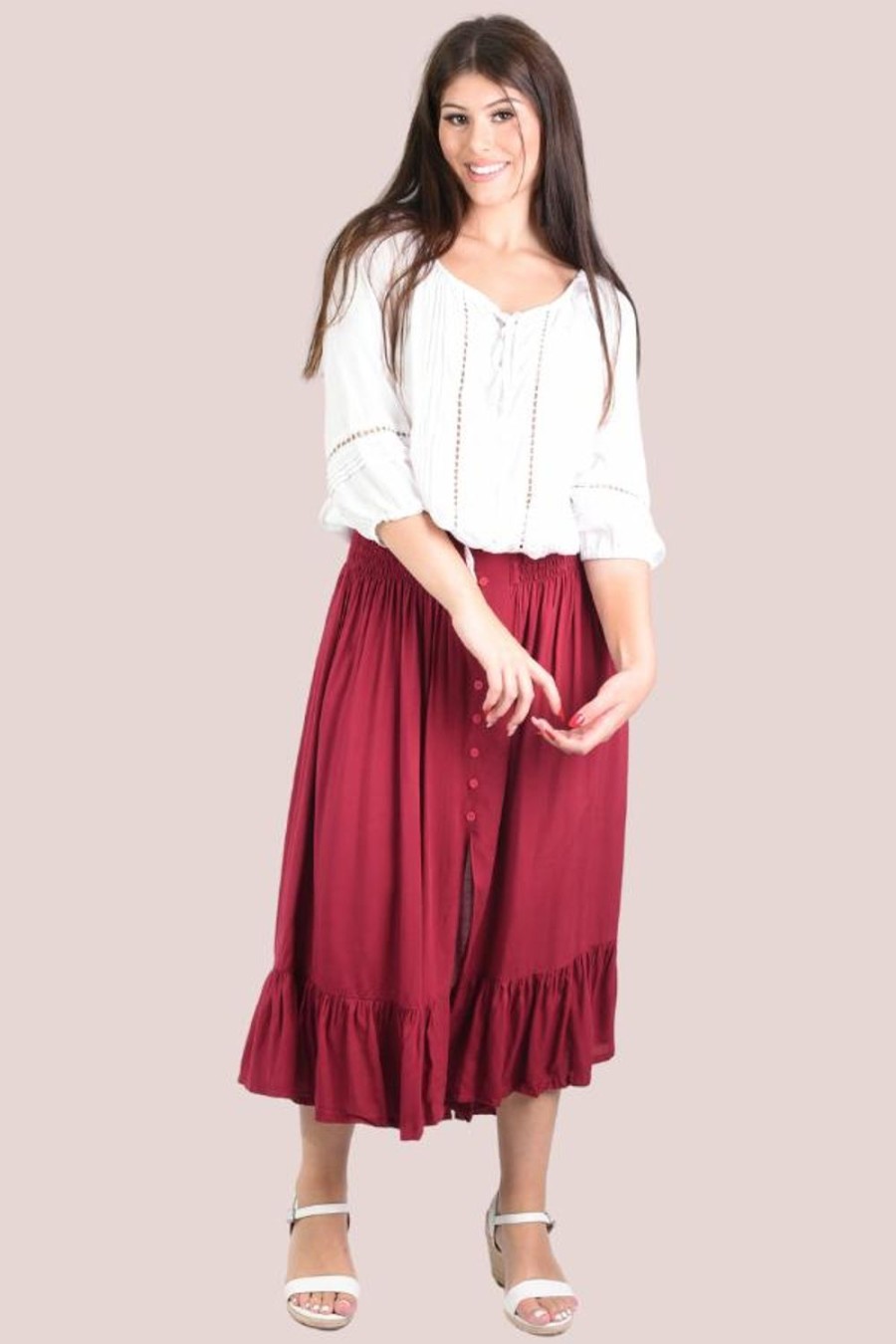 GO GIRL Skirts | Vglk050 - Rouched Skirt With Button Detail Wine