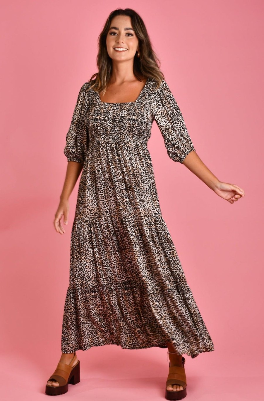 GO GIRL Dresses | Vgld146 - Maddison Long Sleeve Maxi Dress Cheetah Tan