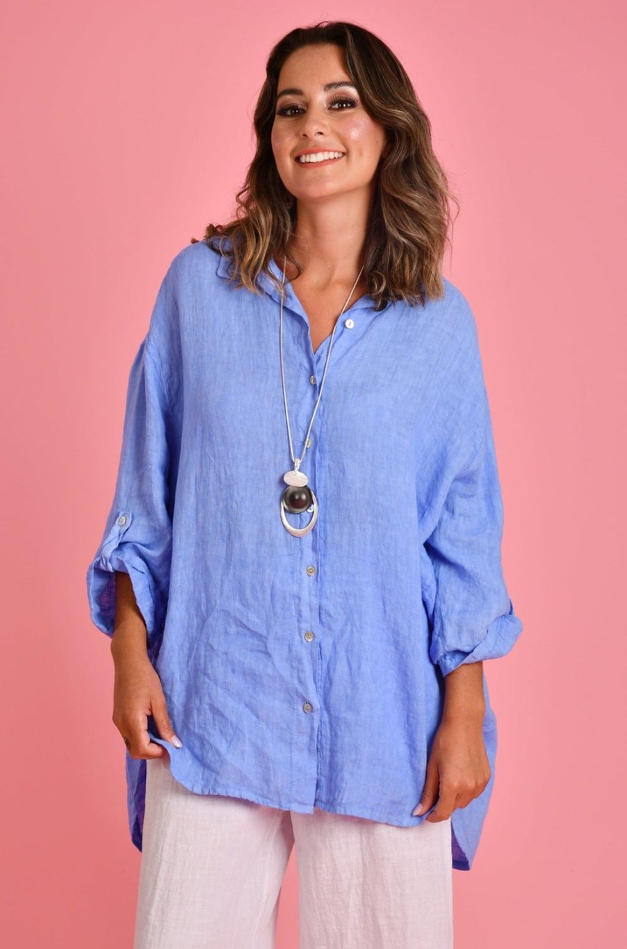 LA SOFIA Tops | Vlst600 (22C196) - Naples Linen Button Up Sea Blue