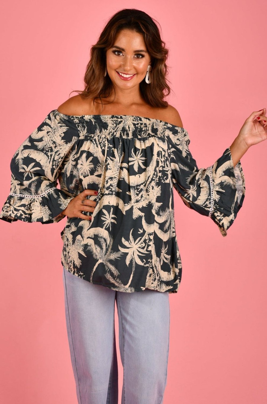 BODACIOUS Tops | Vblt113 - Rouched Bell Sleeve Top Palm Tree Grey