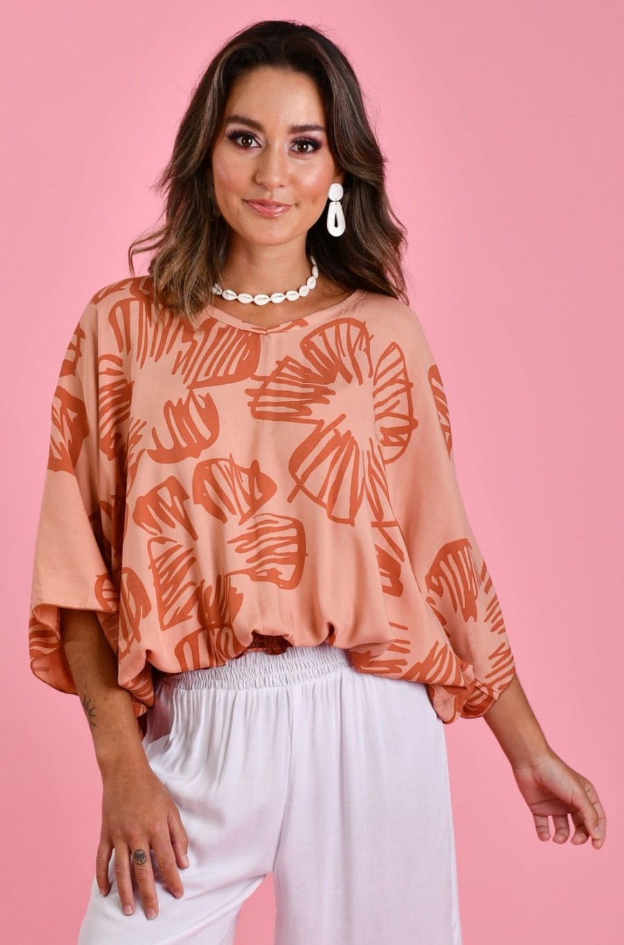 BODACIOUS Tops | Vblt112 - V Neck Batwing Top Autumn Vibes Salmon