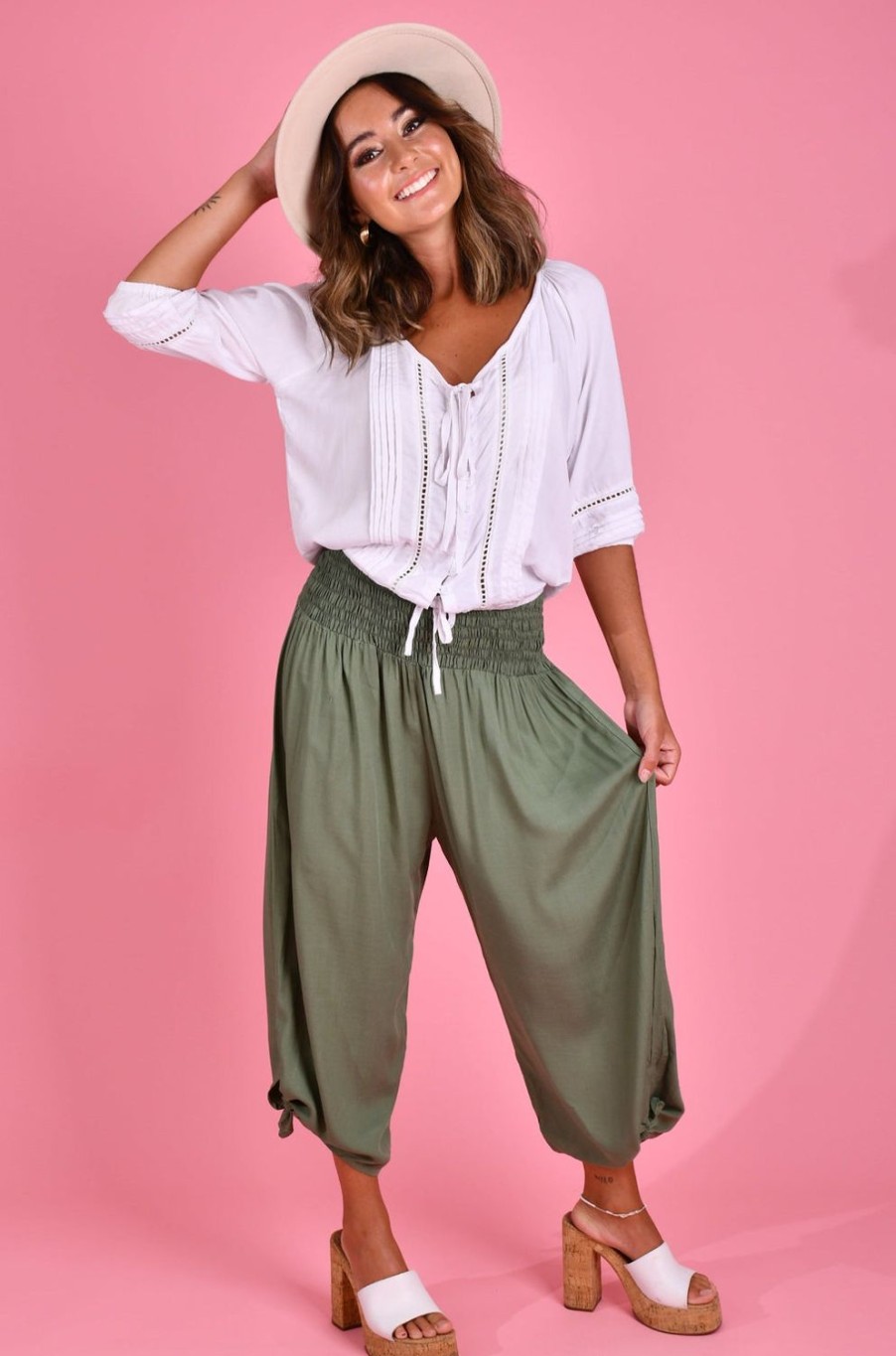 BODACIOUS Pants | Vblp096 - 3/4 Rouched Tie Pants Xxl Soft Khaki