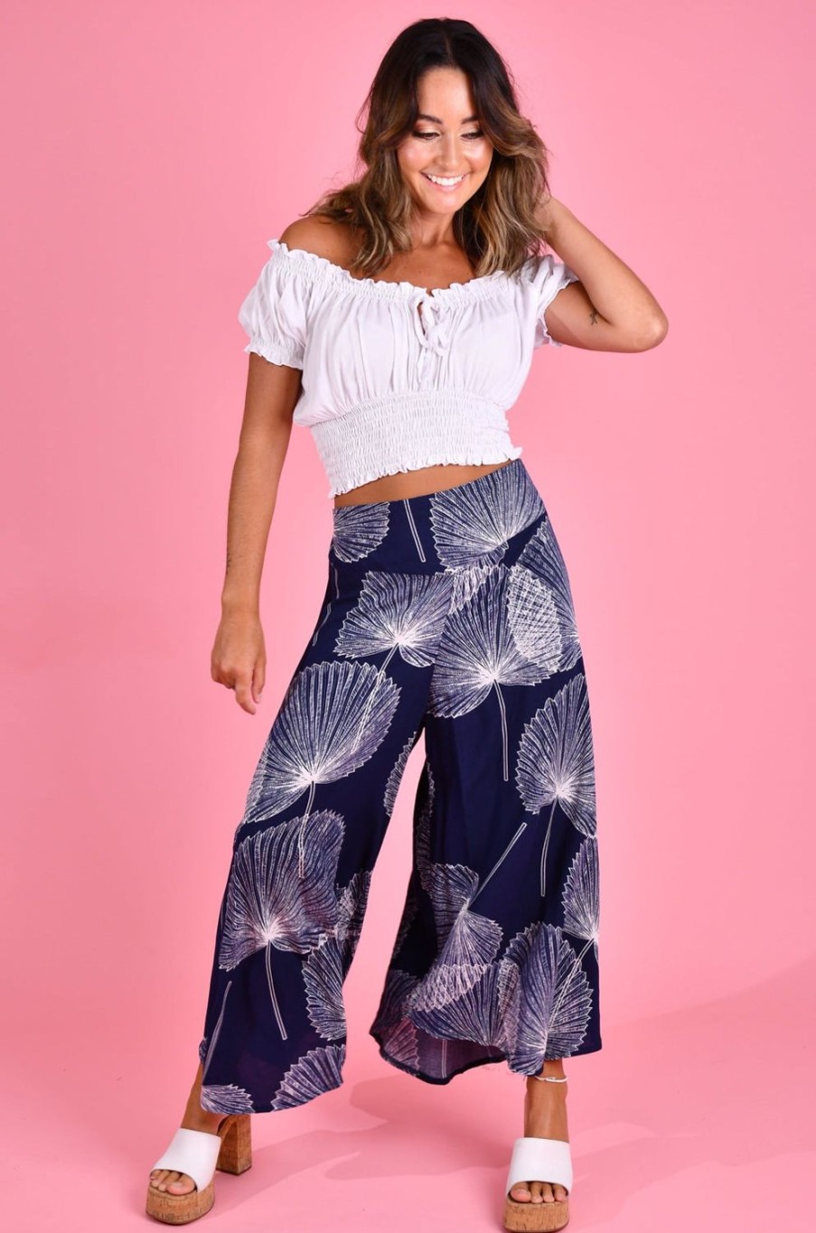 BODACIOUS Pants | Vblp106 - Sydney Wide Leg Pant Fan Palm Navy